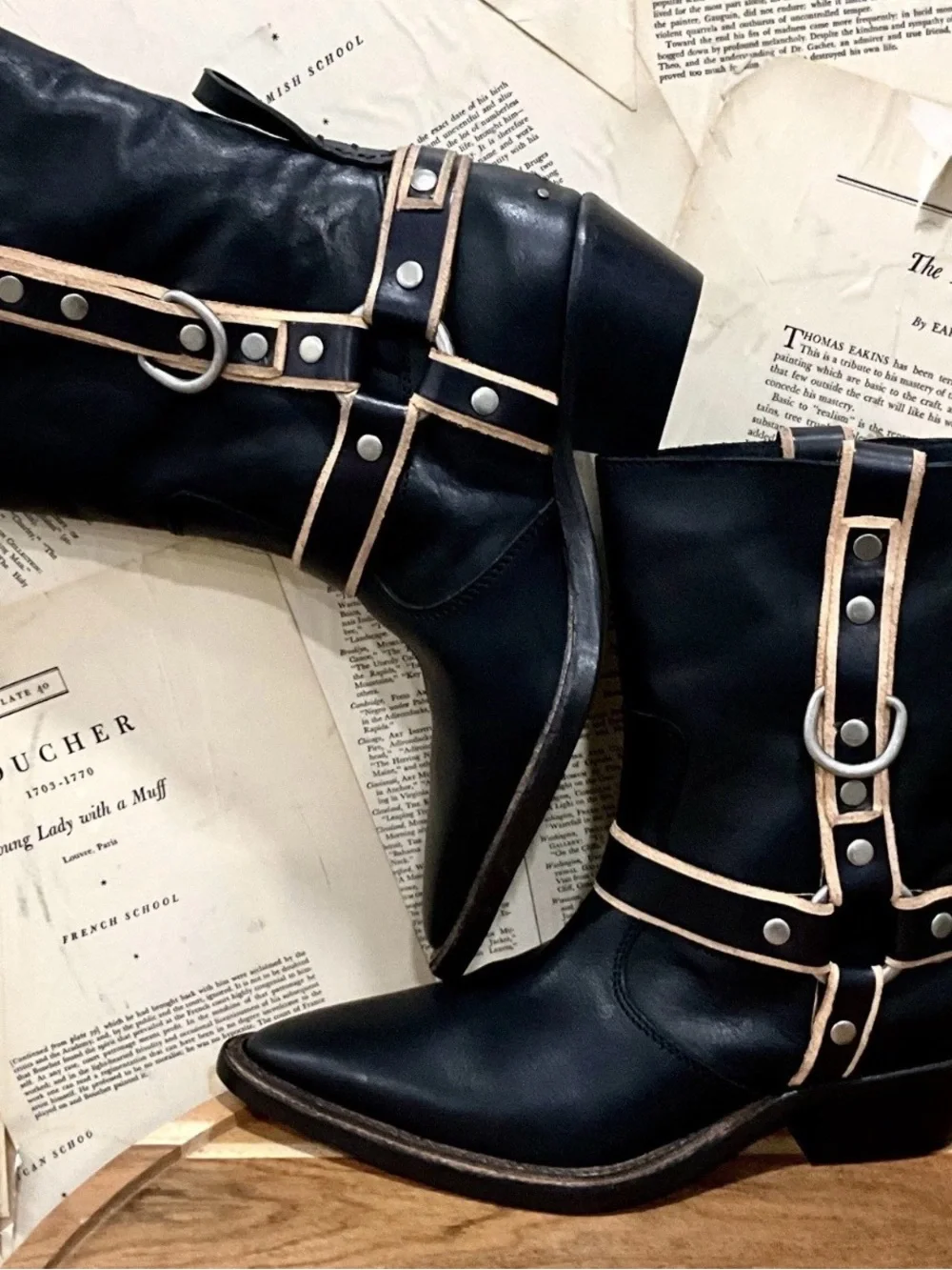 Free People We The Free Abroad Harness Boots Black Tan Pewter Pointy - Picture 3 of 8